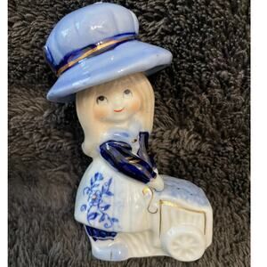 Vintage Fine Porcelain Little Girl  Blue Bonnet Pushing  Cart